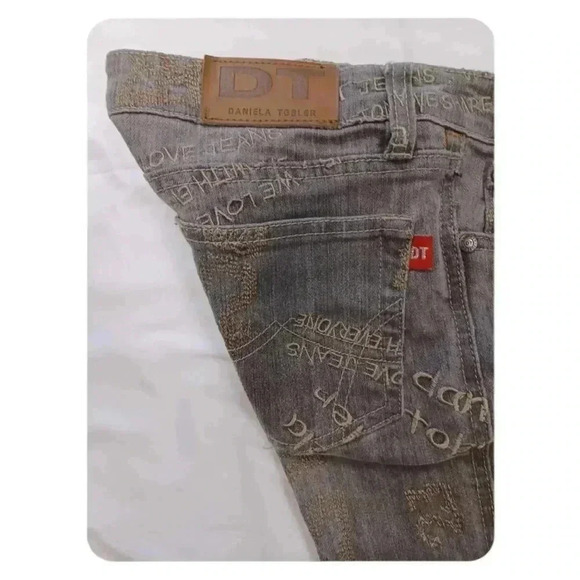 Daniela Tobler  Embroidered Flare Bootcut Grey Low Rise Designer Size 26 - Picture 5 of 11